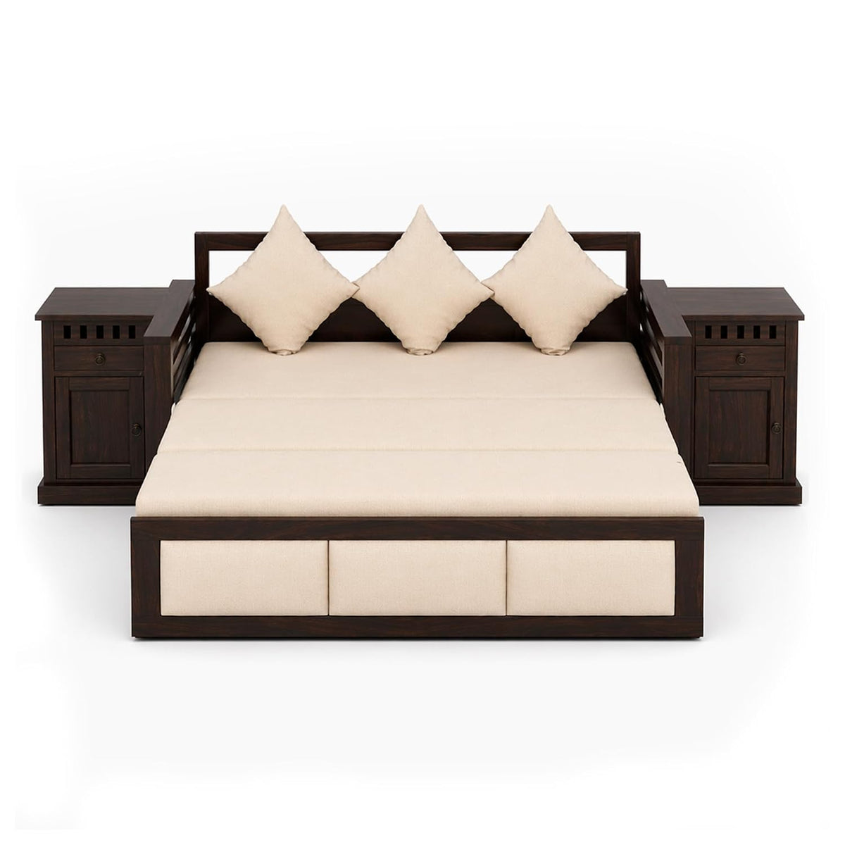 Zeus With Bedside Solid Sheesham Wood Sofa Cum Bed in walnut finish - corner angle view