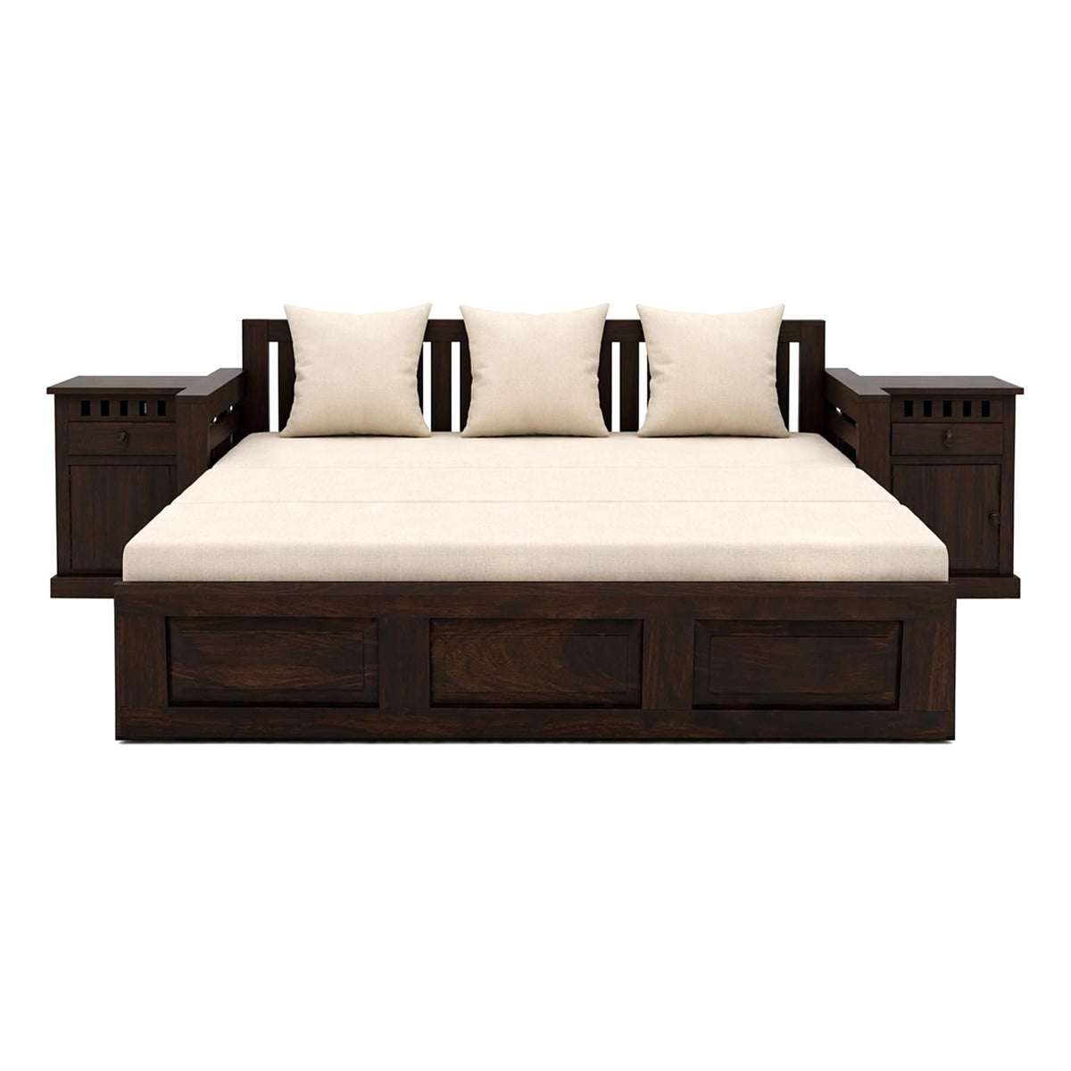 Regal With Bedside Solid Sheesham Wood Sofa Cum Bed in walnut finish - close-up of the walnut finish and wood grain