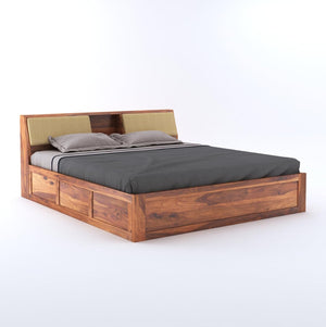 Hades Wooden Queen Size Bed With Box Storage - Natural Finish