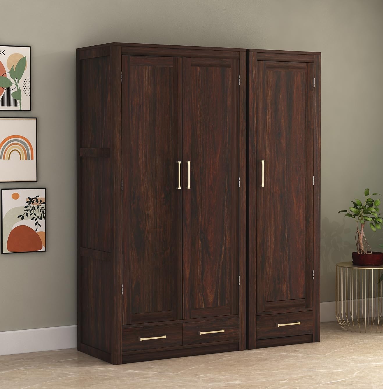 Sheesham Wood 3 Door Wardrobe with 3 Drawers Storage Finish - Walnut