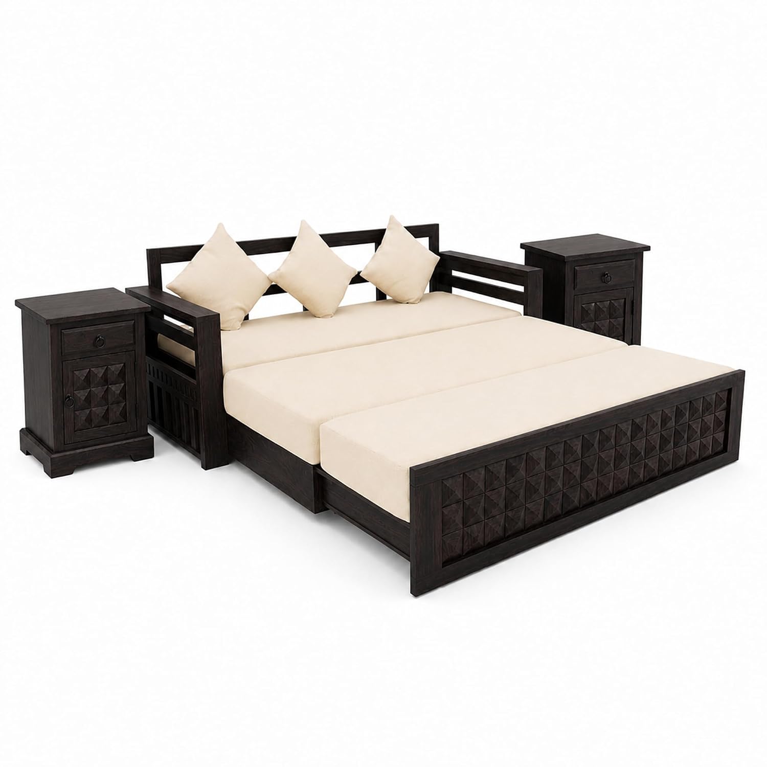 Diamond With Bedside Solid Sheesham Wood Sofa Cum Bed - Walnut Finish