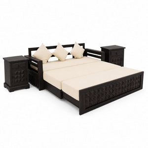 Diamond With Bedside Solid Sheesham Wood Sofa Cum Bed - Walnut Finish
