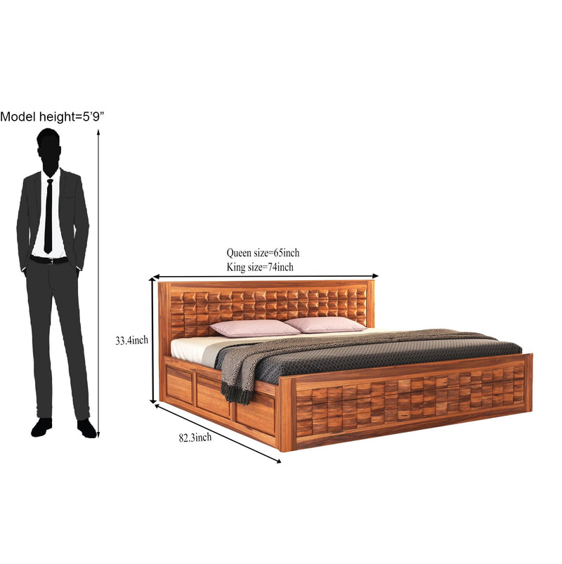 Diamond Solid Sheesham Wood King Size Bed with Box Storage & 2 Bedside Tables - Natural Finish