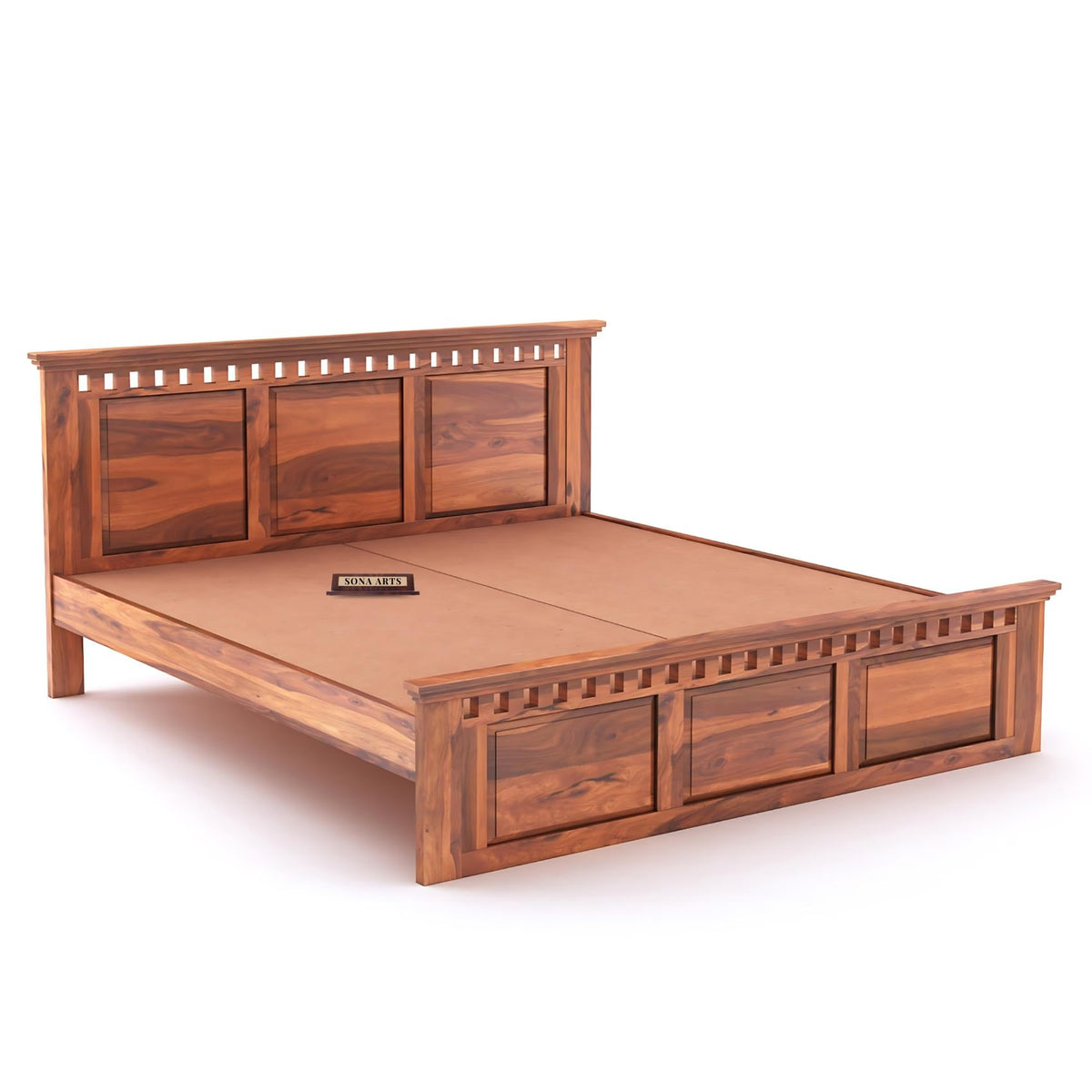 Kuber Solid Sheesham Wood Queen Size Bed without Storage & 2 Bedside Tables - Natural Finish