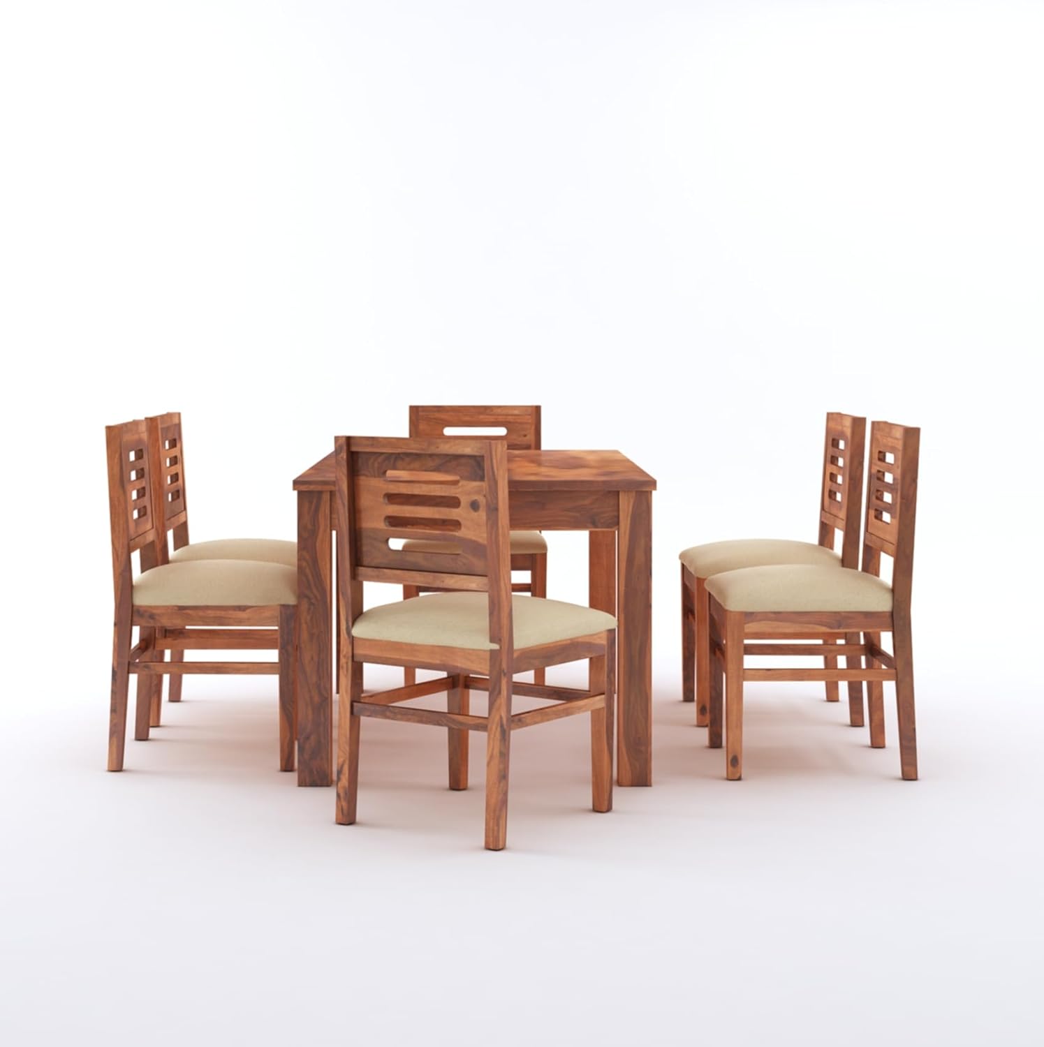 Capsule Solid Wood Dining Table Set 6 Seater With Cushion Chair - Natural Finish