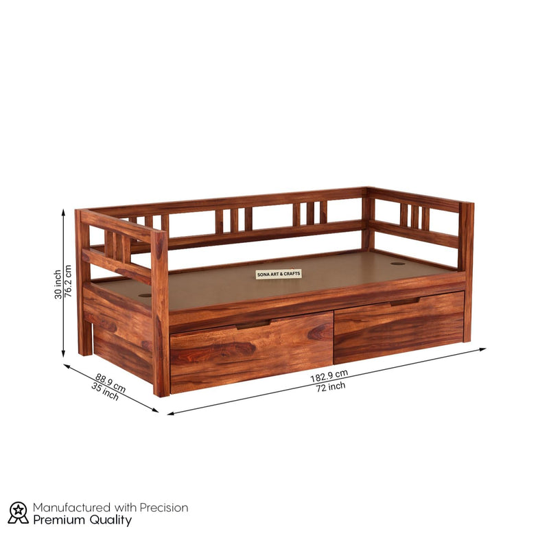 with Pillow Solid Sheesham Wood Sofa Cum Diwan - Walnut Finish