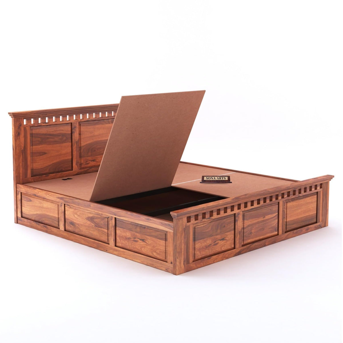 Kuber Solid Sheesham Wood King Size Bed with Box Storage & 2 Bedside Tables - Natural Finish