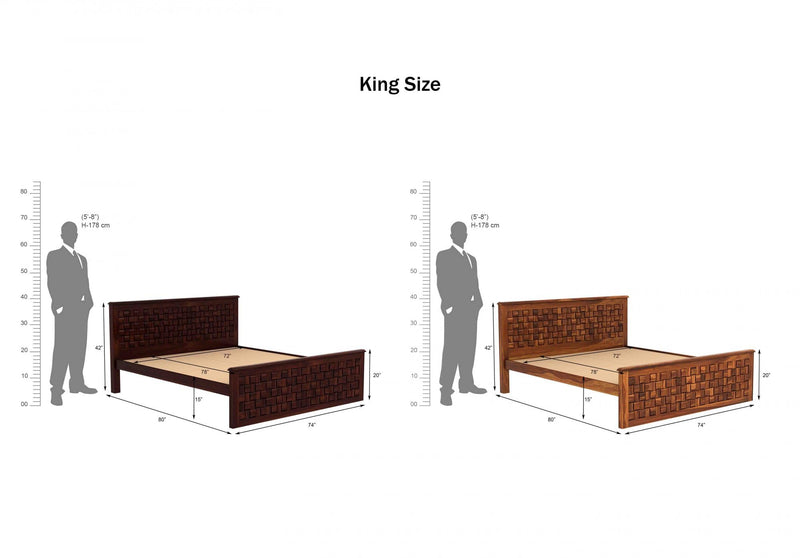 Niwar Solid Sheesham Wood Queen Size Bed without Storage & 2 Bedside Tables - Walnut Finish