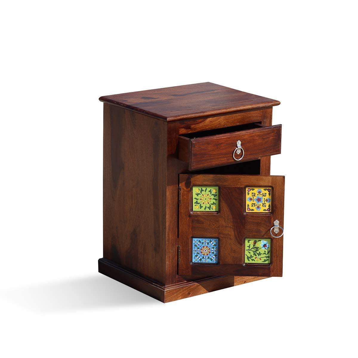 Tile Solid Sheesham Wood Bedside Table - Natural Finish