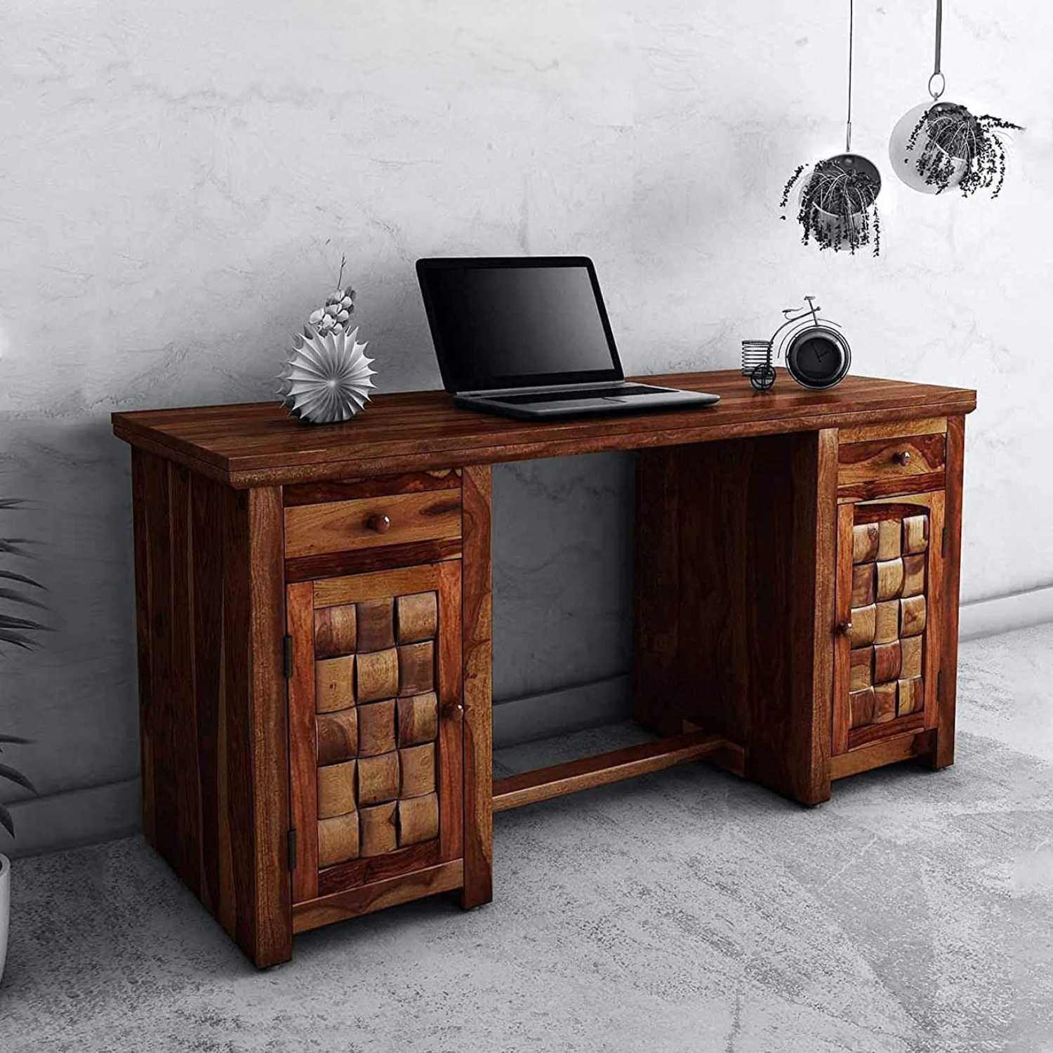 Niwar Wooden Study Table with Two Drawer & Doors - Natural Finish