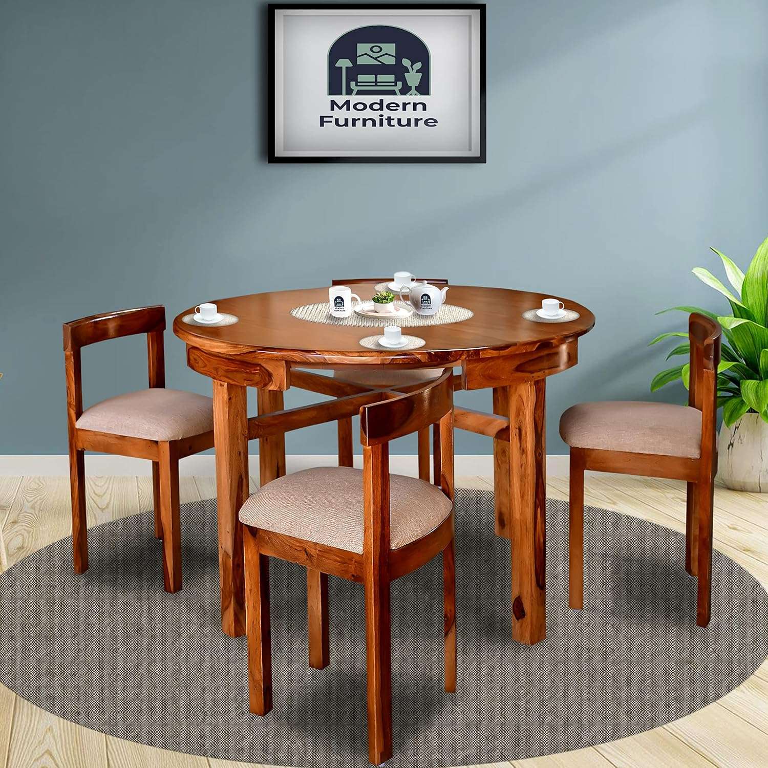 Solid Sheesham Wood Round Dining Table 4 Seater Natural Finish