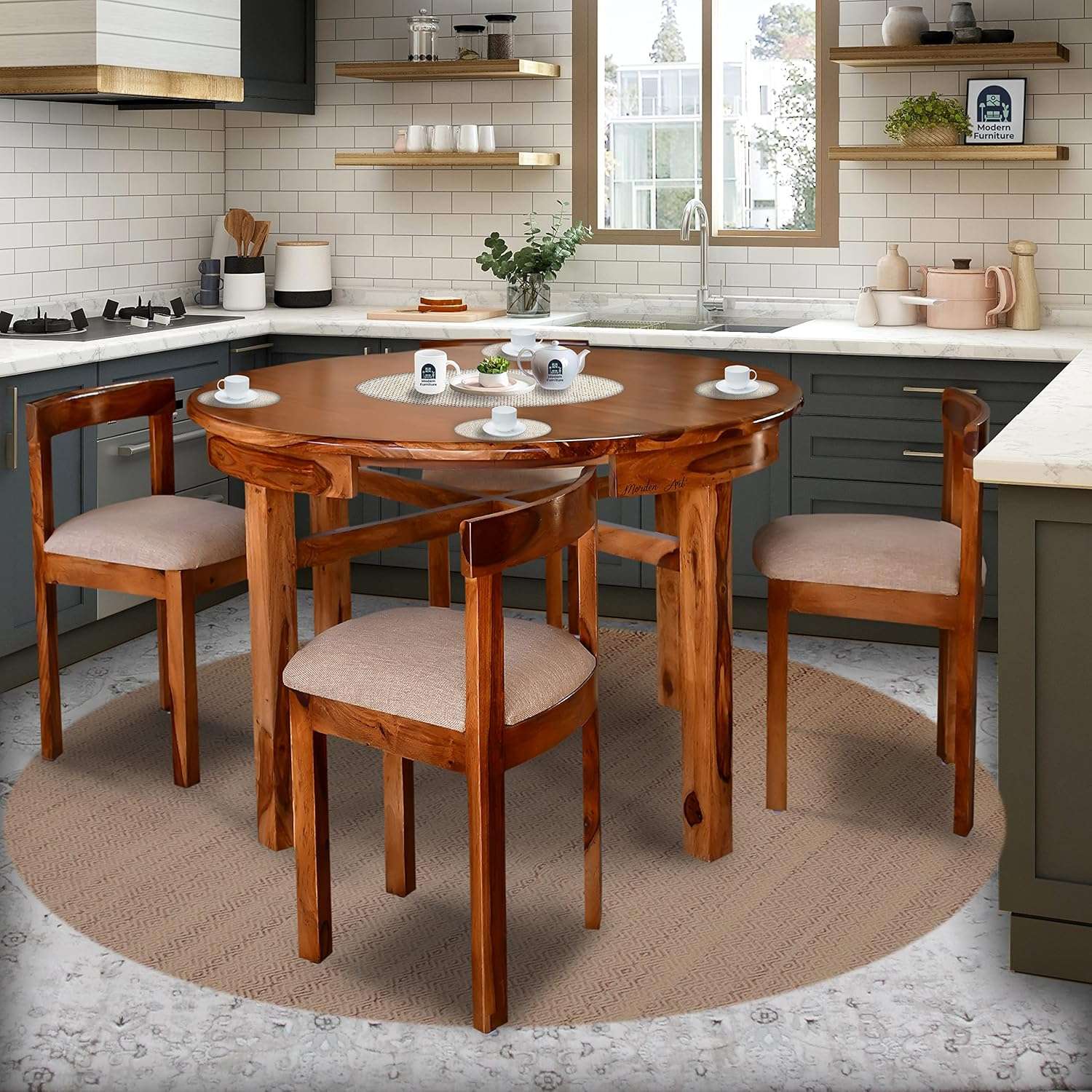 Solid Sheesham Wood Round Dining Table 4 Seater Natural Finish