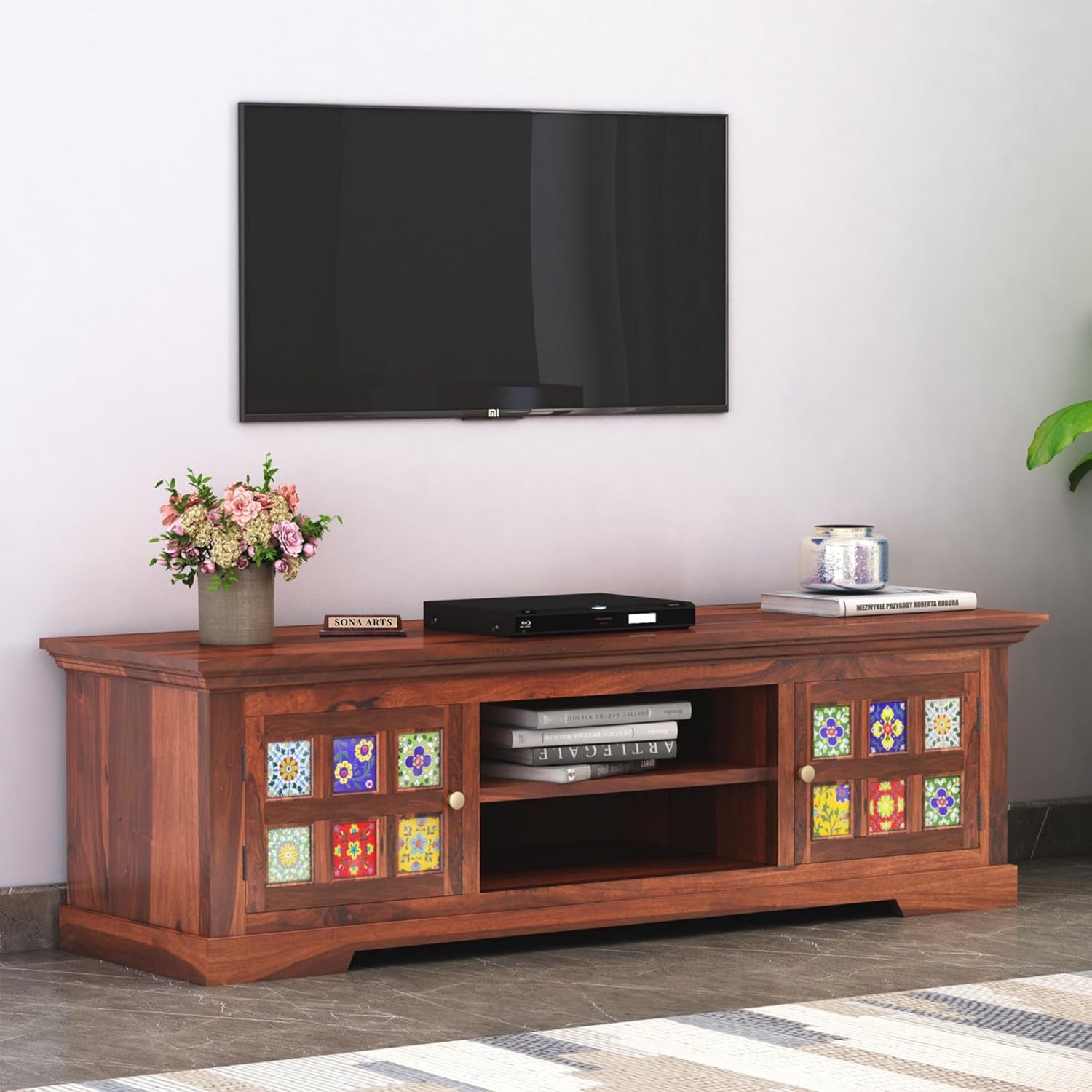 Tile Solid Sheesham Wood TV Cabinet Finish - Honey