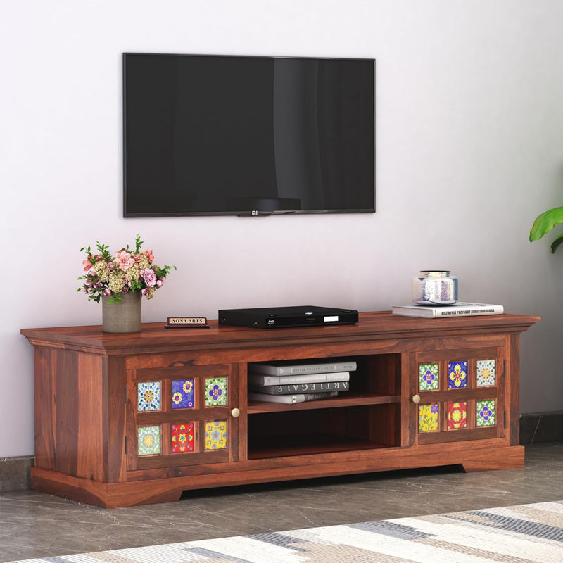 Tile Solid Sheesham Wood TV Cabinet Finish - Honey