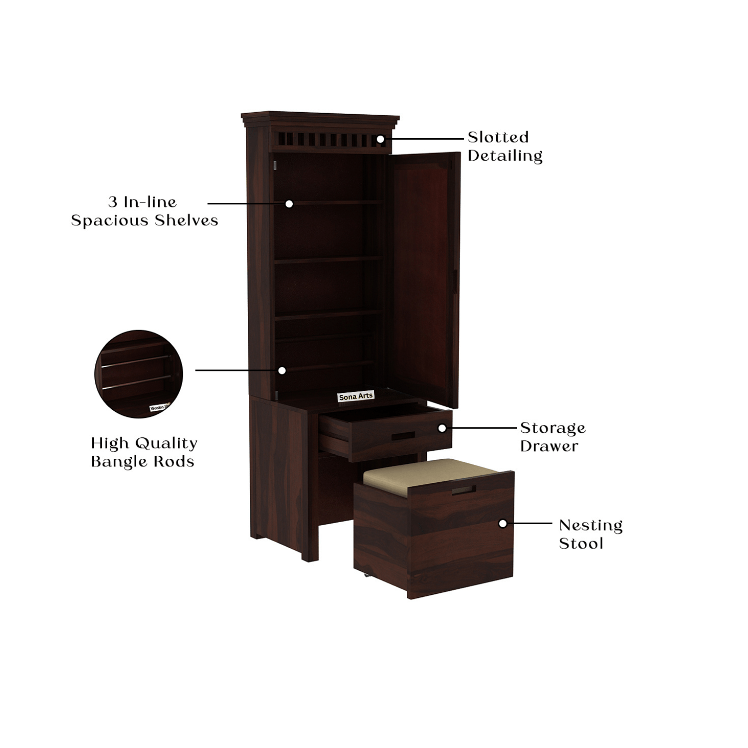 Dressing Table with Mirror and Chair for Bedroom - Walnut Finish