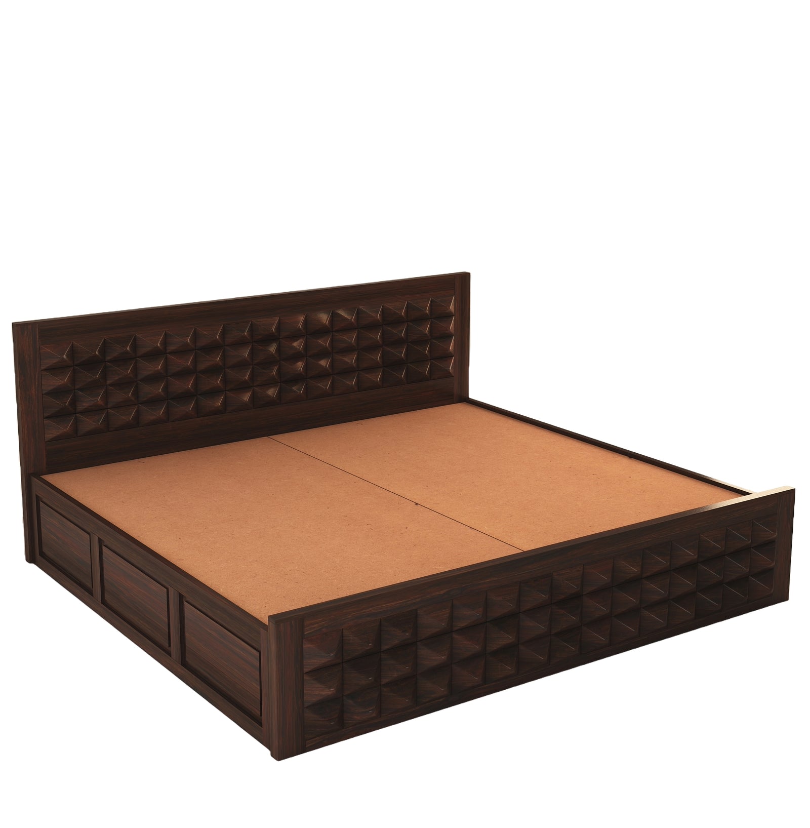 Diamond Solid Sheesham Wood King Size Bed with Box Storage - Walnut Finish