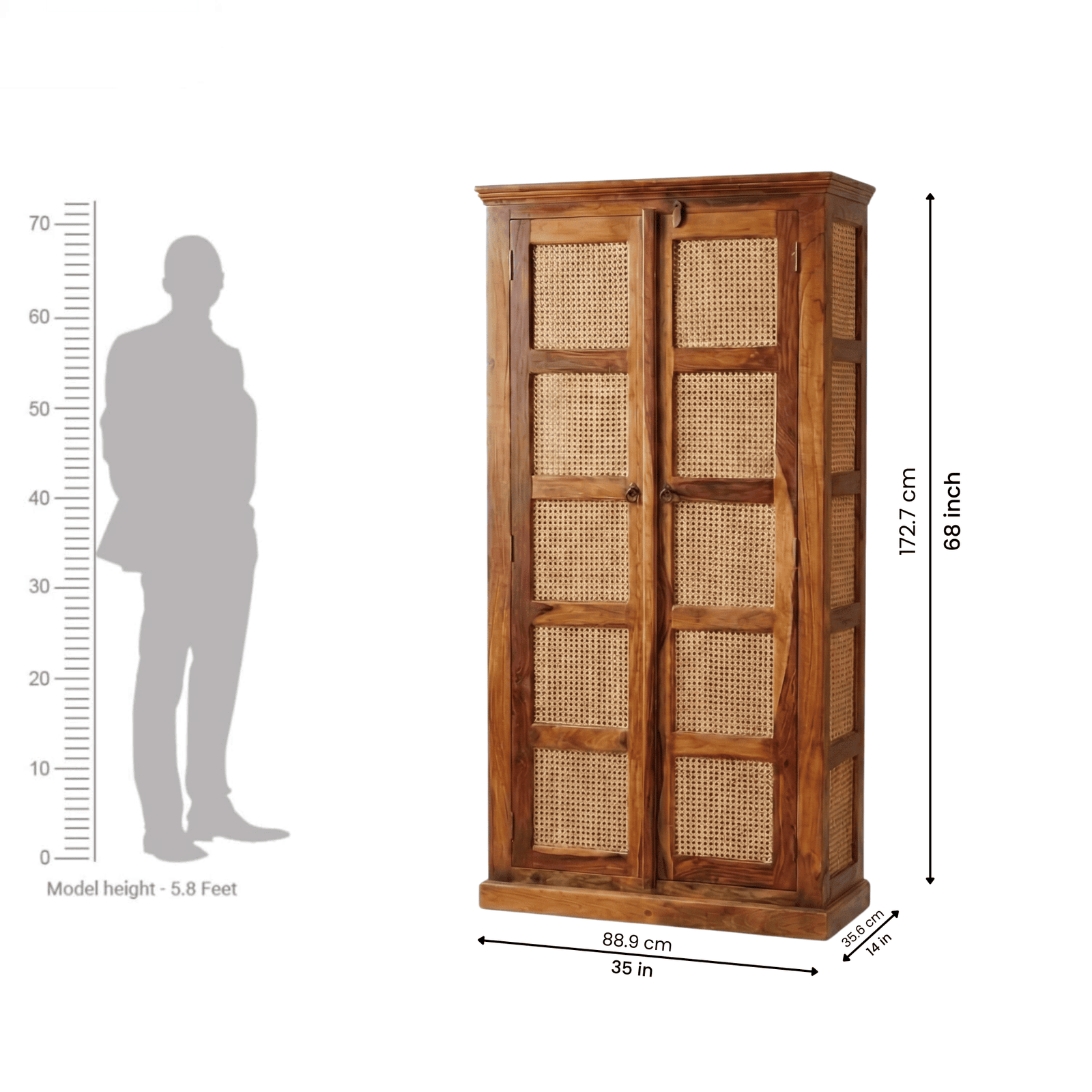 Boho Sheesham Wooden Crockery Cabinet Bookshelf with Door Natural