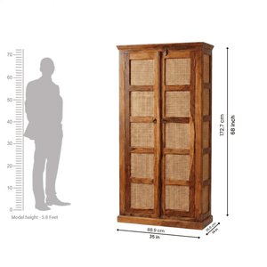 Boho Sheesham Wooden Crockery Cabinet Bookshelf with Door Natural