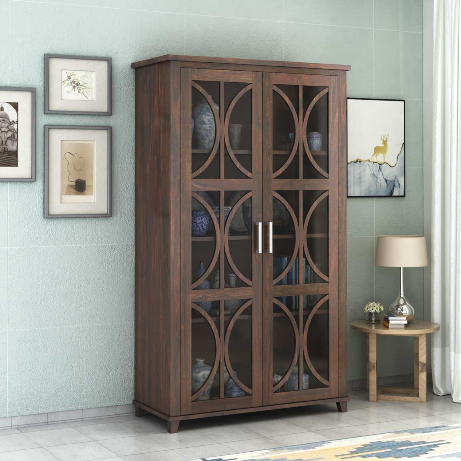 Cross X Bookshelf Cabinet with Glass Door for Kitchen & Living Room - Walnut Finish