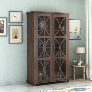 Cross X Bookshelf Cabinet with Glass Door for Kitchen & Living Room - Walnut Finish