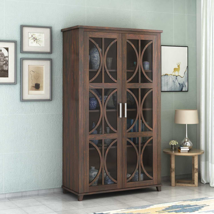 Cross X Bookshelf Cabinet with Glass Door for Kitchen & Living Room in walnut finish