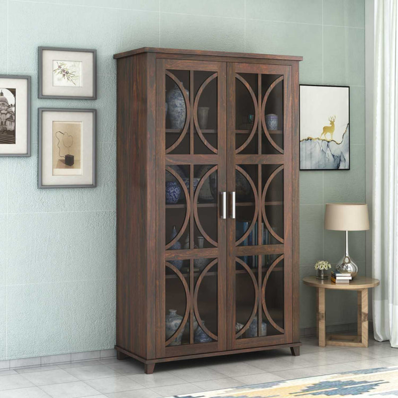 Cross X Bookshelf Cabinet with Glass Door for Kitchen & Living Room - Walnut Finish