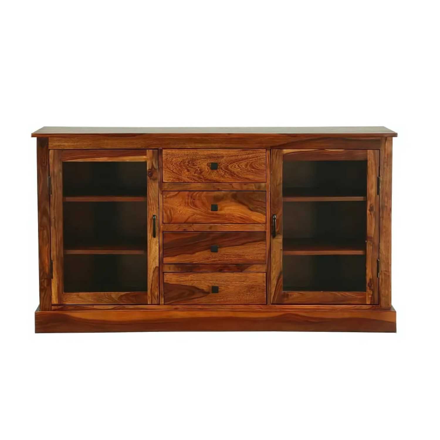 Wooden Glass Sideboard Cabinet Finish - Honey