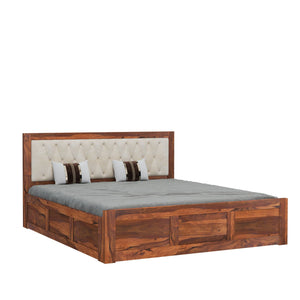 Zeus Solid Sheesham Wood Upholstered Queen Size Bed with Box Storage - Natural Finish