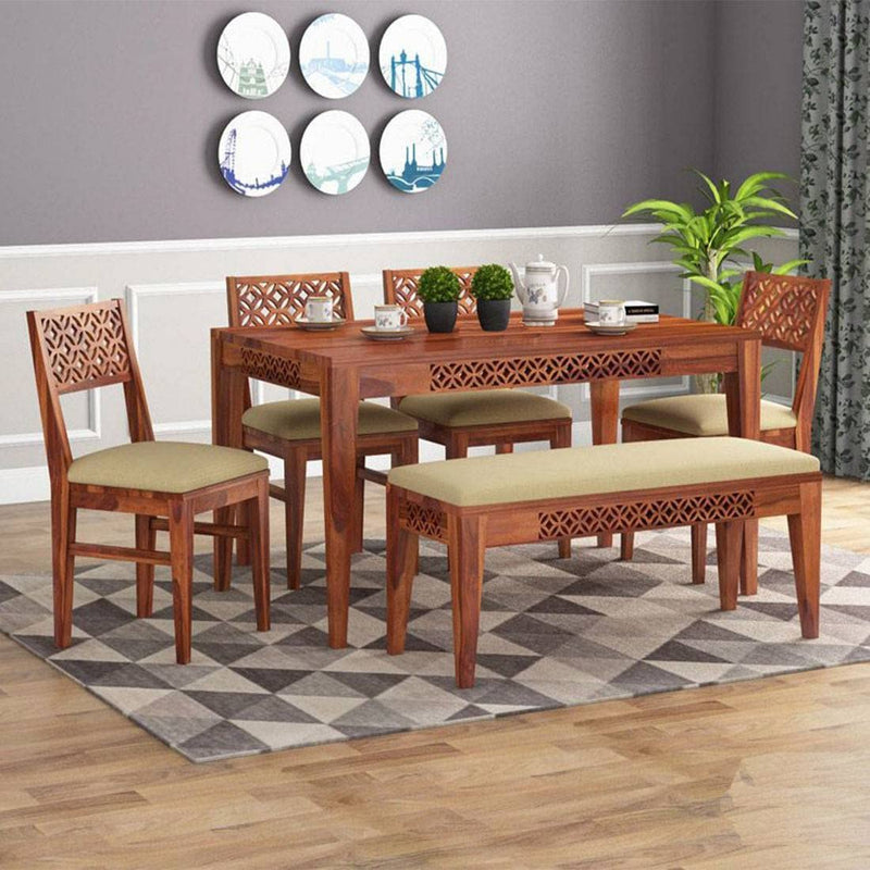 CNC Sheesham Wood 6-Seater Dining Table Set with 4 Chairs & Bench – Natural Finish, Floral Pattern