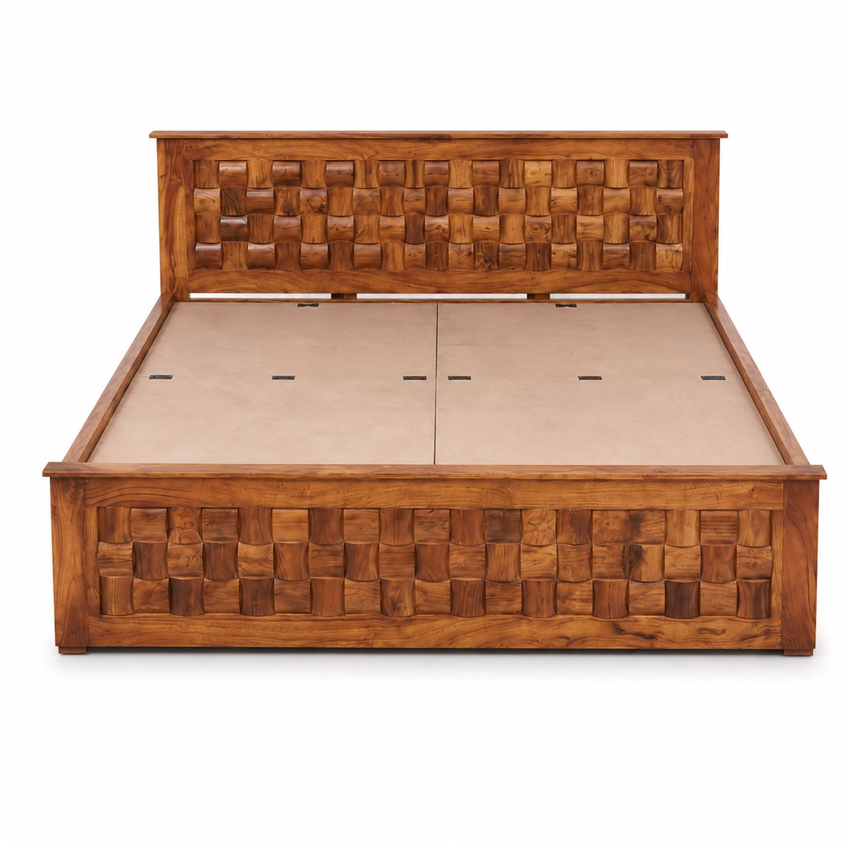 Niwar Solid Sheesham Wood Queen Size Bed with Box Storage in walnut finish - corner angle view