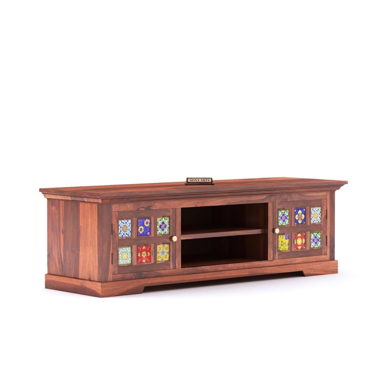 Tile Solid Sheesham Wood TV Cabinet Finish - Honey