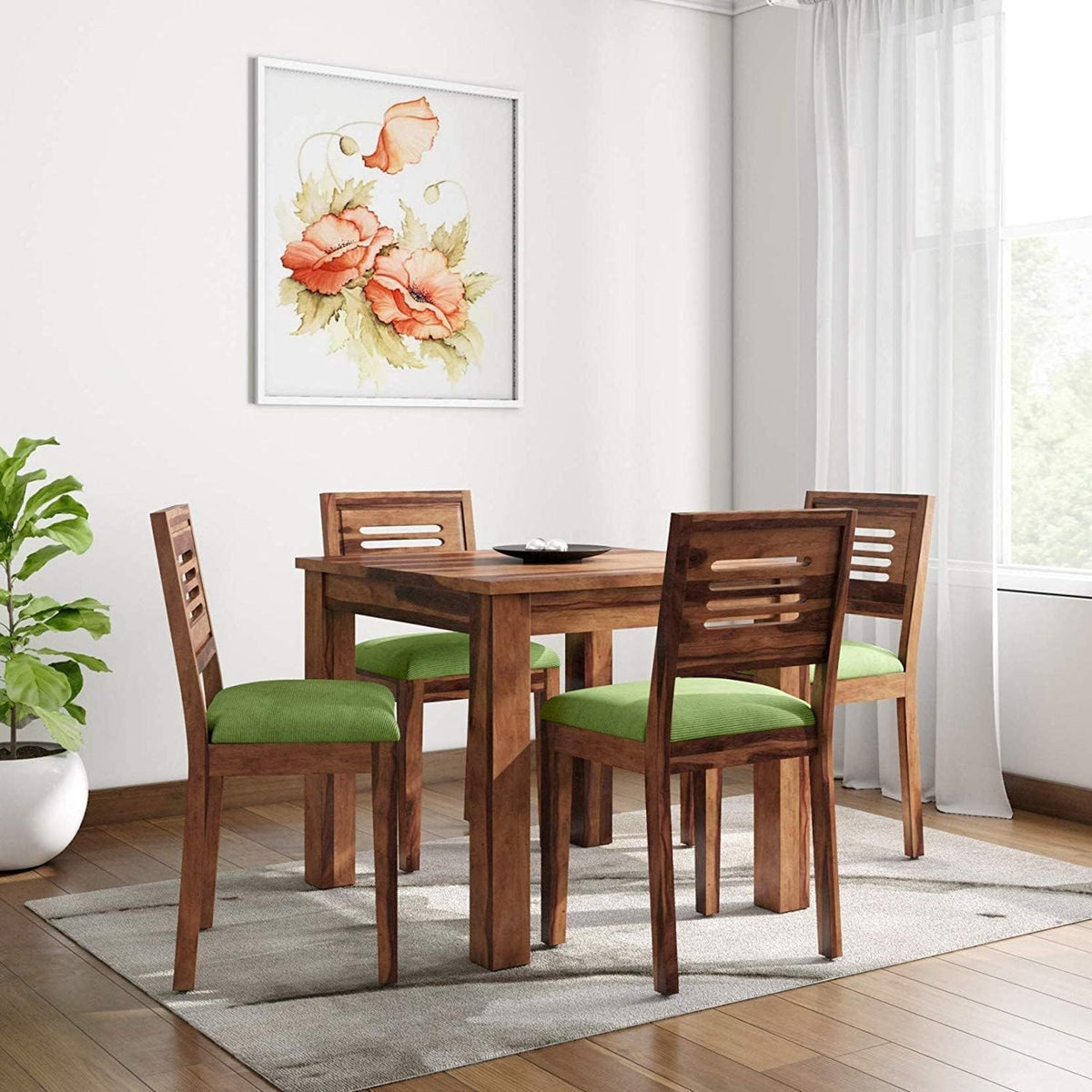 Capsule 3 x 3 Cushion Green Solid Sheesham Wood 4 Seater Dining Table Set in natural finish