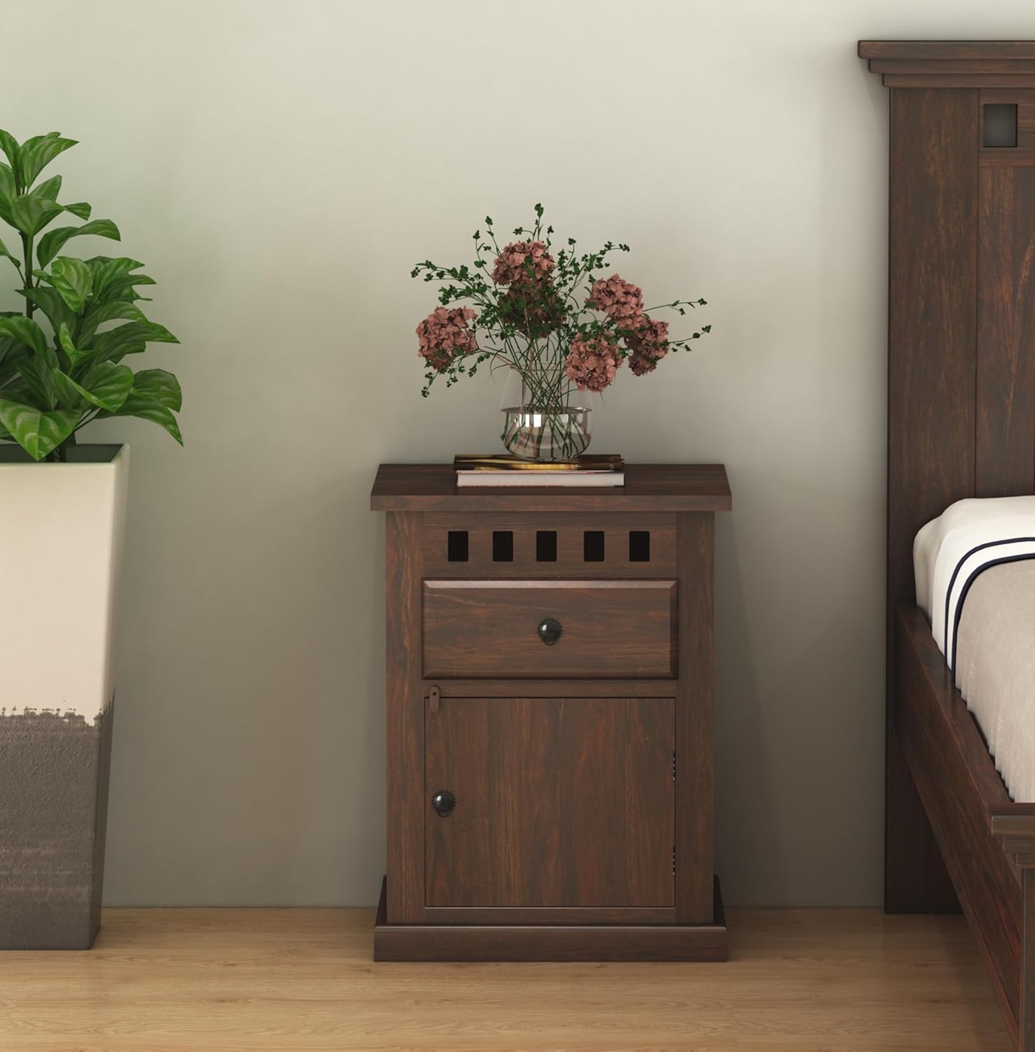 Kuber Solid Wood Bedside Table With Drawer Design - Walnut Finish