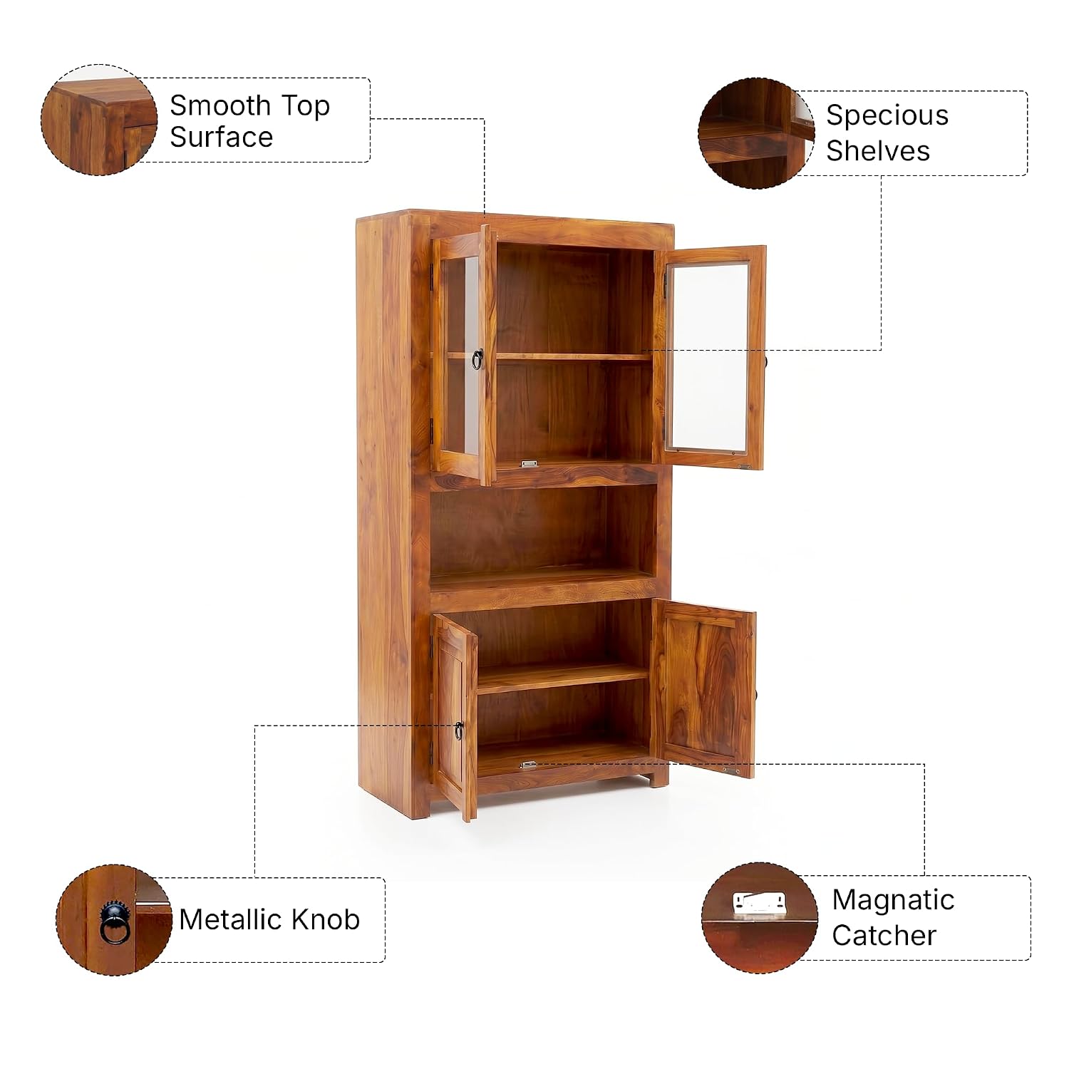 4 Door Sheesham Wood Crockery Cabinet & Book shelf with Glass Door - Natural Finish