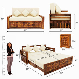 Diamond With Bedside Solid Sheesham Wood Sofa Cum Bed - Natural Finish