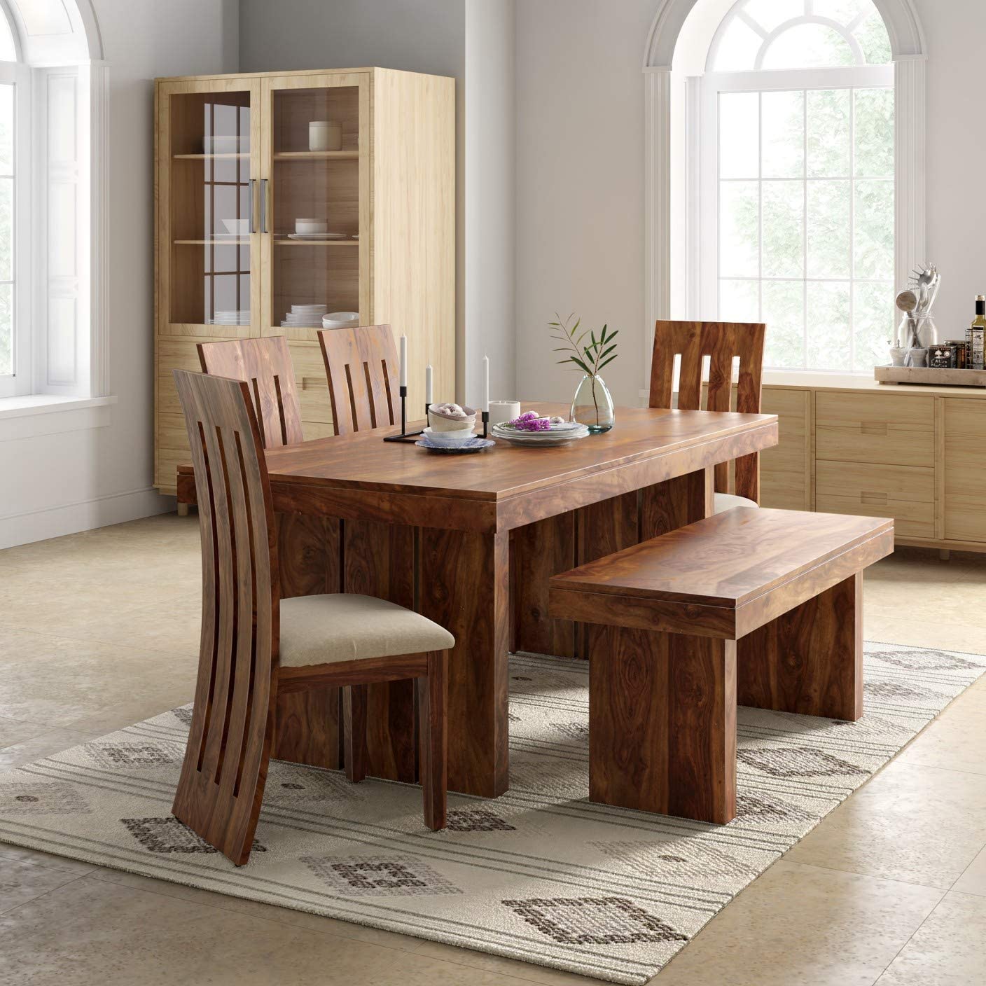 Wooden Dining Table Set 6 Seater 1 Bench with Cushion Chair Finish - Honey