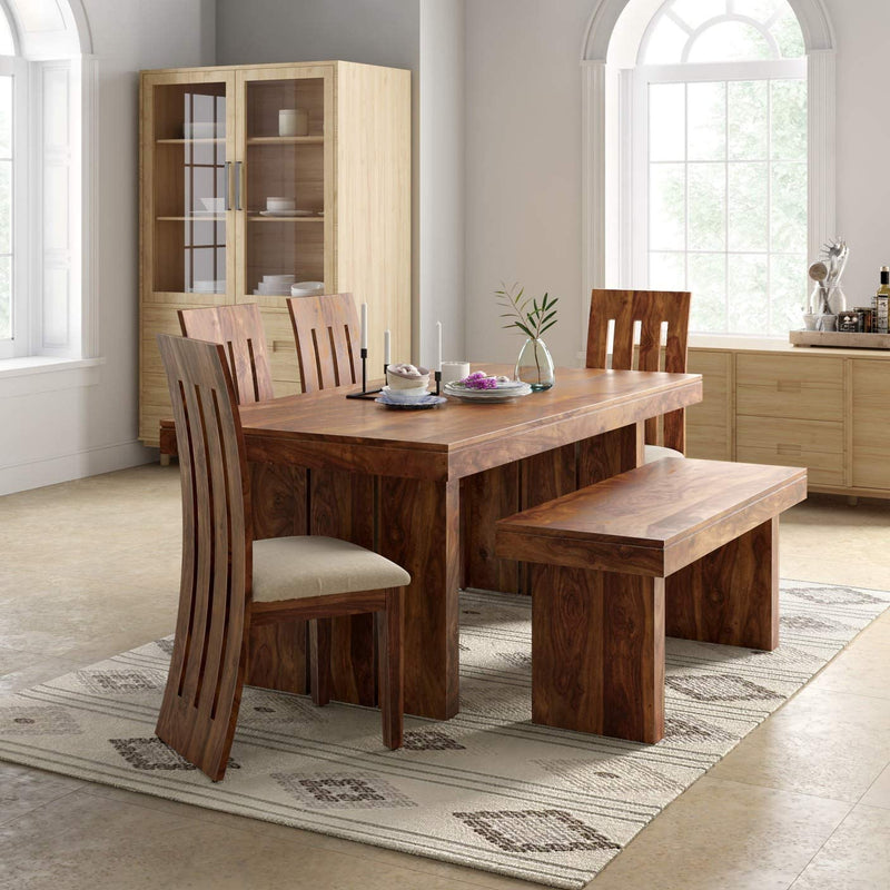 Wooden Dining Table Set 6 Seater 1 Bench with Cushion Chair Finish - Honey