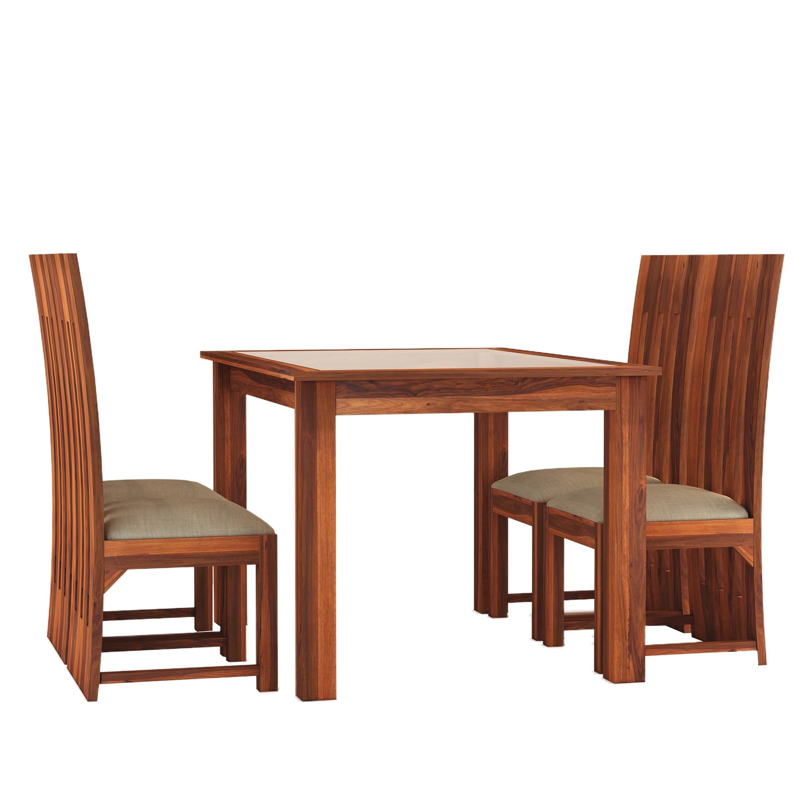 Poster Solid Sheesham Wood Dining Table 4 Seater Dining Table Set with 4 Cushion Chairs & Glass Top - Natural Finish