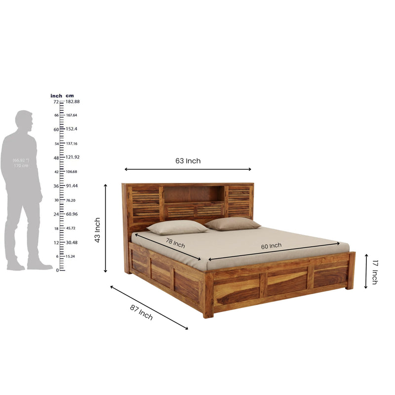 Urban Solid Sheesham Wood Queen Size Bed with Box Storage & 2 Bedside Tables - Natural Finish