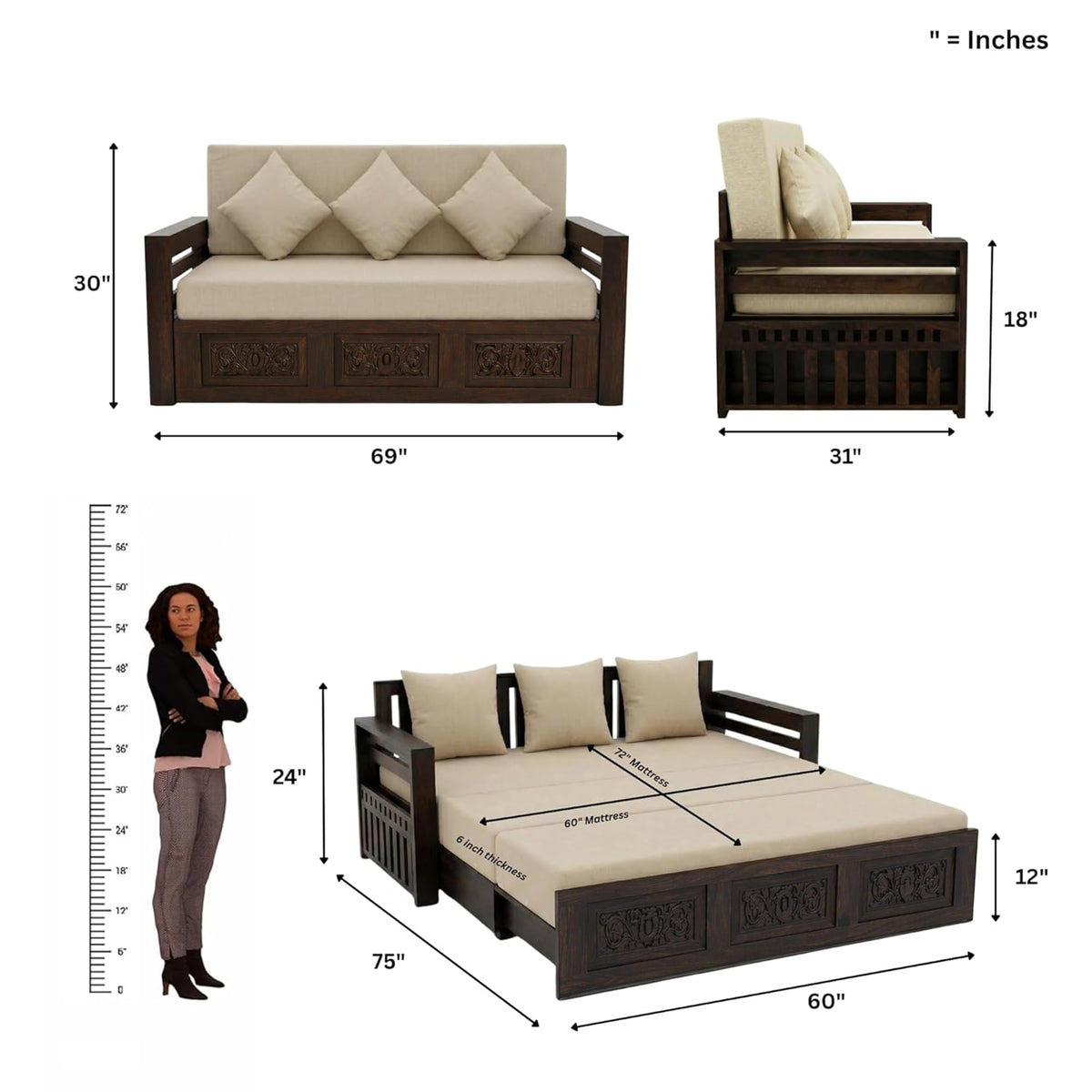 Maharaja Solid Sheesham Wood Sofa Cum Bed - Walnut Finish
