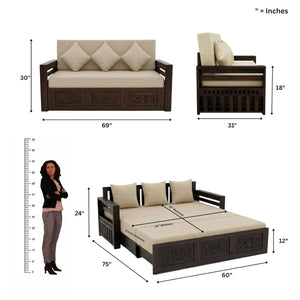 Maharaja Solid Sheesham Wood Sofa Cum Bed - Walnut Finish