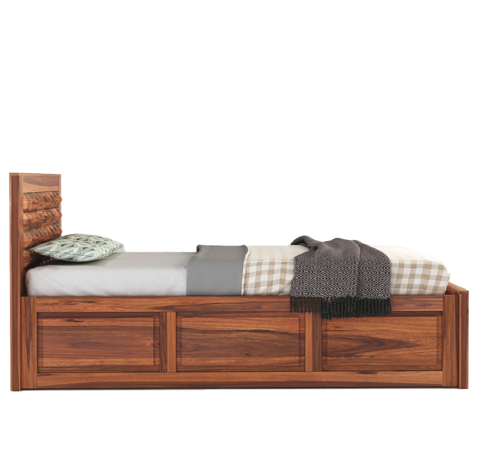 Diamond Solid Sheesham Wood Single Bed with Box Storage Finish - Honey