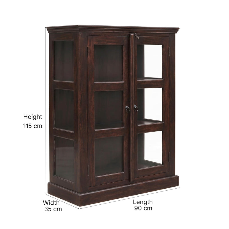 Mini 20 Glass Solid Sheesham Wood Book Shelf for Home Library - Walnut Finish