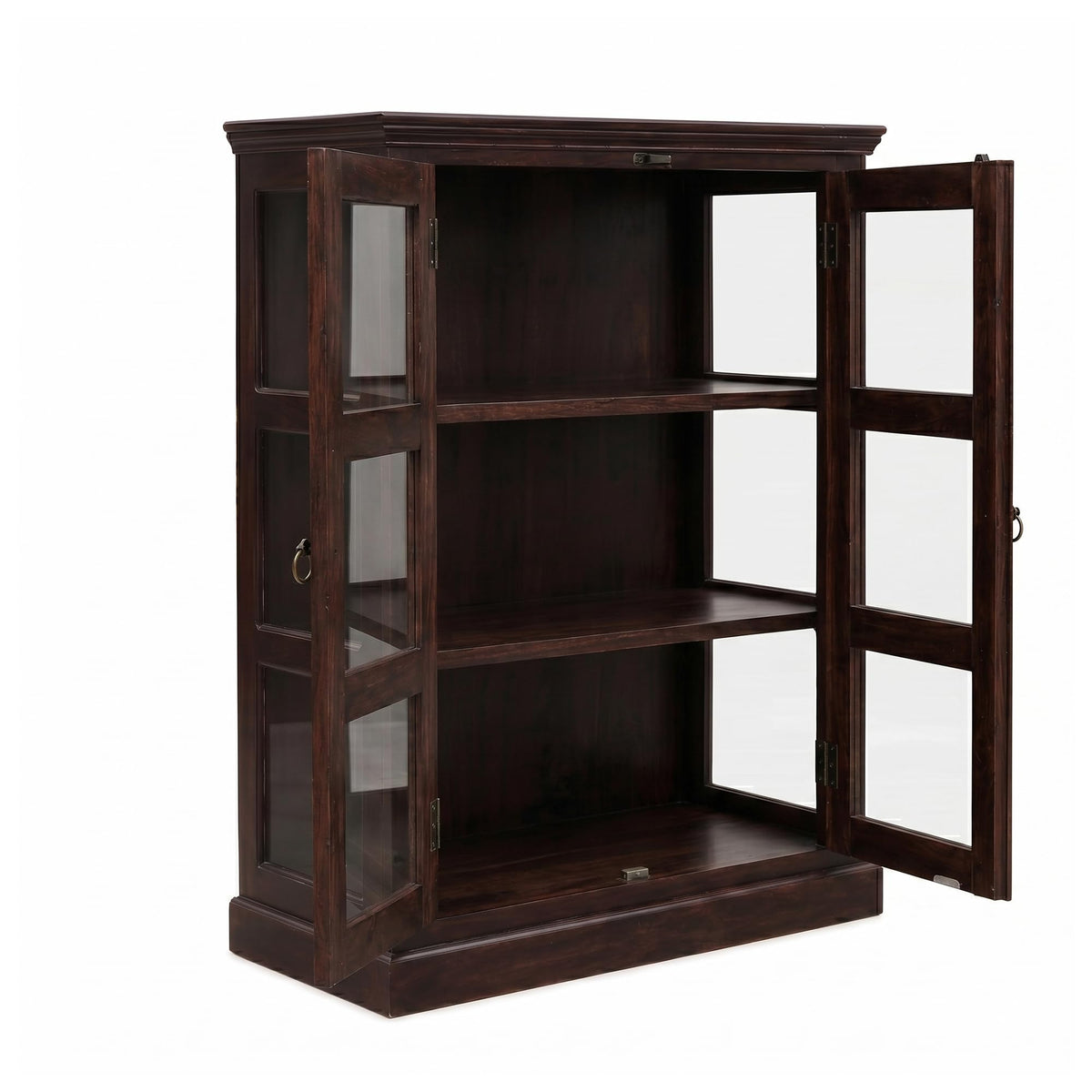 Mini 20 Glass Solid Sheesham Wood Book Shelf for Home Library in walnut finish - shelf spacing close-up