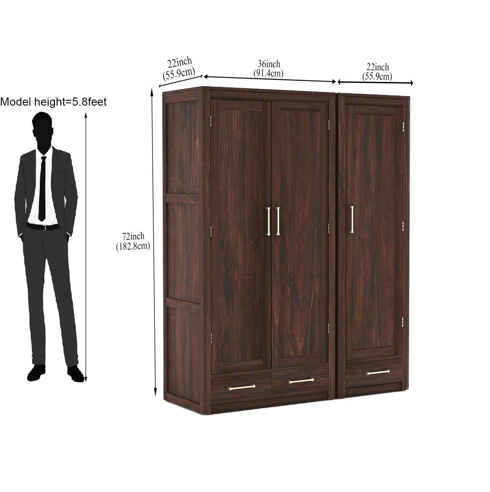 Sheesham Wood 3 Door Wardrobe with 3 Drawers Storage Finish - Walnut