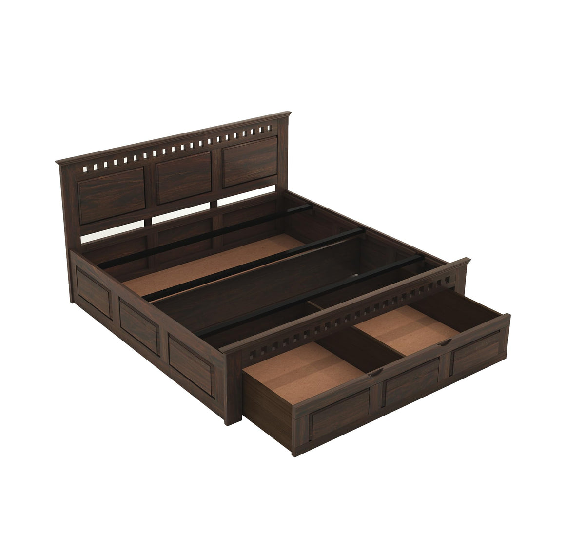 Kuber Solid Sheesham Wood Queen Size Bed with Drawer Storage in walnut finish - storage space close-up