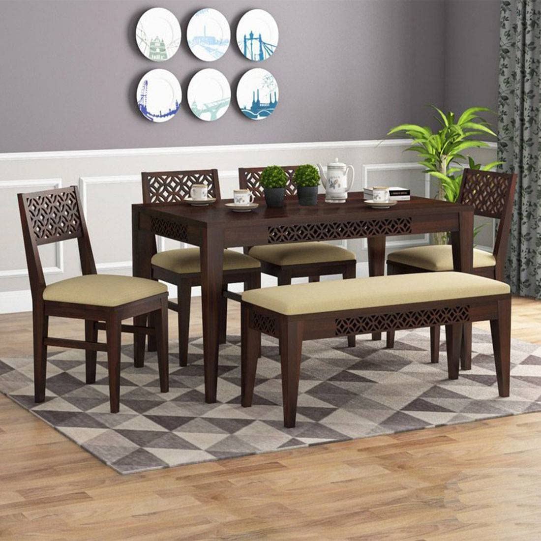 CNC Sheesham Wood 6 Seater Dining Table Set - Walnut Finish