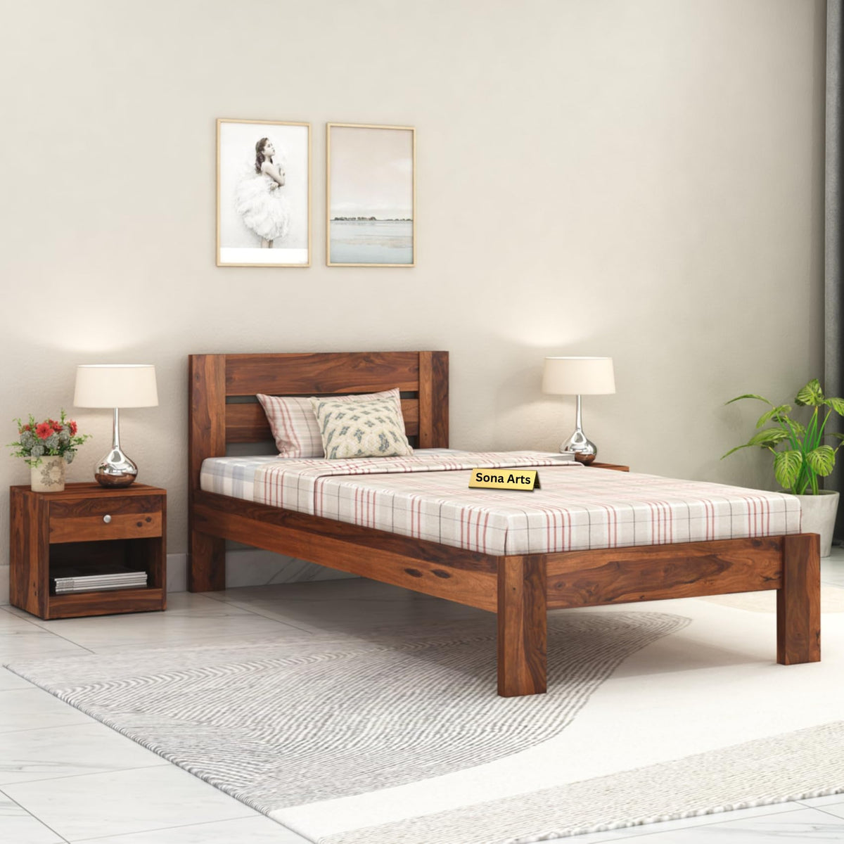 Eros Solid Sheesham Wood Single Size Bed without Storage in natural finish