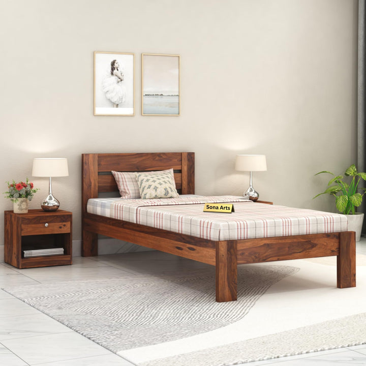 Eros Solid Sheesham Wood Single Size Bed without Storage in natural finish