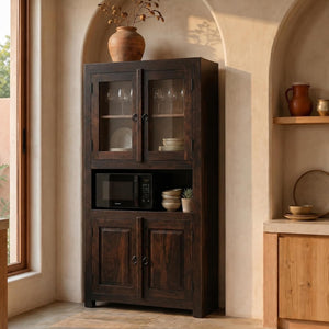 4 Door Sheesham Wood Bookshelf & Crockery Cabinet - Walnut Finish